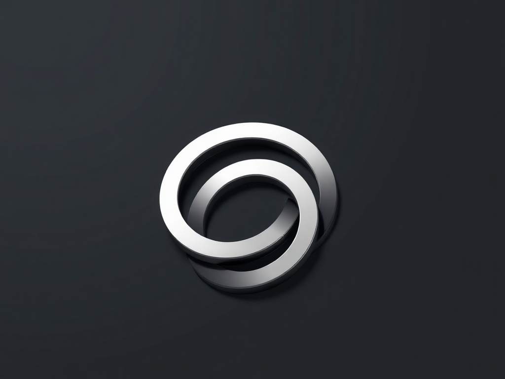 Minimalist geometric logo, interlocking rings, polished silver, on dark gray background with subtle reflection, 8k product shot